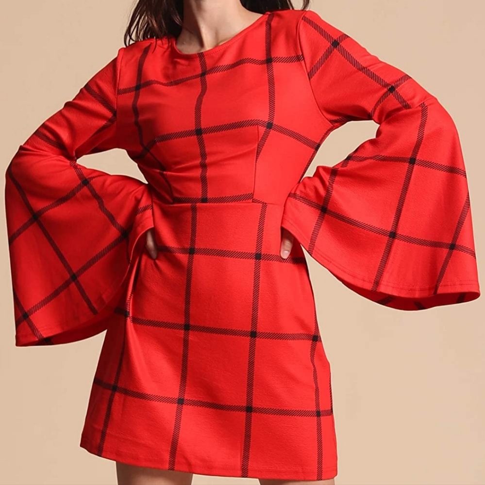 Red Plaid Long Sleeve Dress